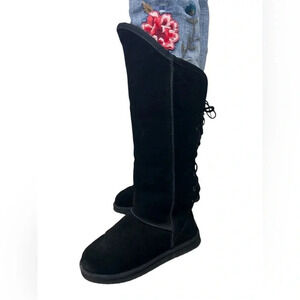 Beach Feet Suede Sherpa Wool Lined Tall Lace Back Black Boots Women Size 6 EUC!!